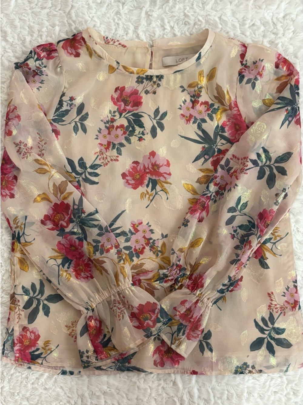 LOFT Cream Sheer Floral Blouse with Pink & Gold Accents